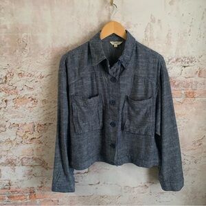 Max Studio Linen Blend Blue Button-Front Cropped Jacket